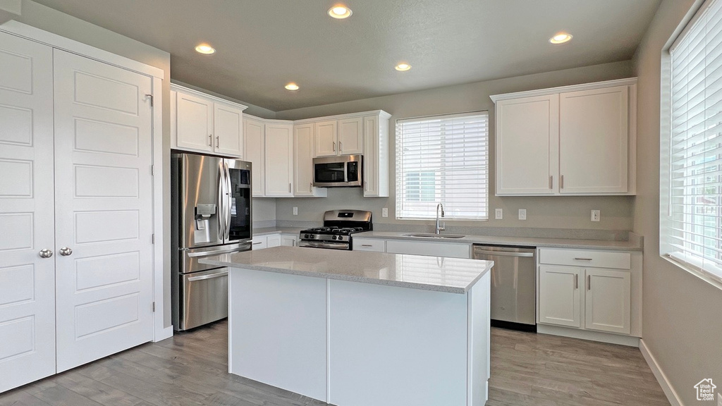 Kitchen featuring plenty of natural light, stainless steel appliances, light hardwood / wood-style flooring, and white cabinetry