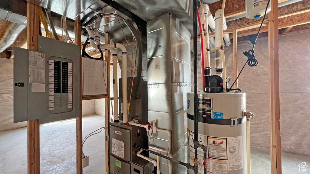 Utility room featuring water heater