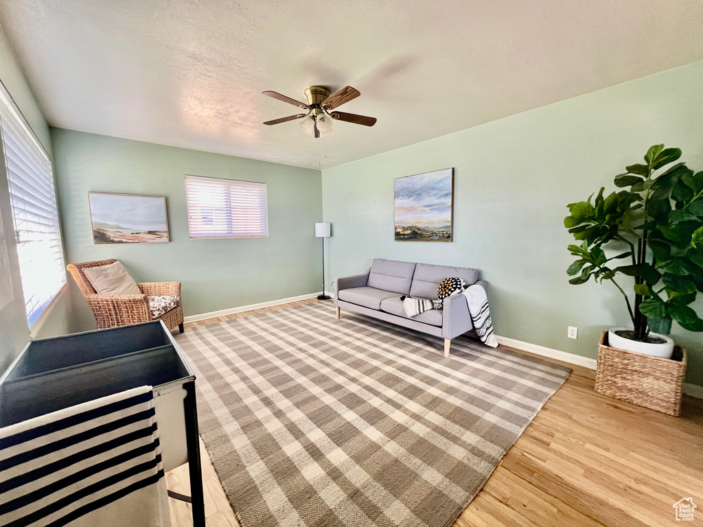 Living room with ceiling fan and light hardwood / wood-style flooring