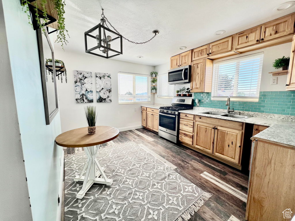 Kitchen with appliances with stainless steel finishes, a healthy amount of sunlight, sink, and dark hardwood / wood-style floors