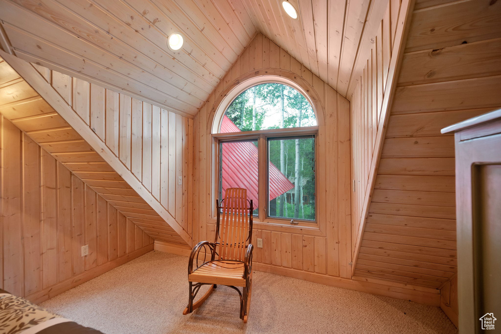 Unfurnished room with carpet flooring, wooden ceiling, and wooden walls