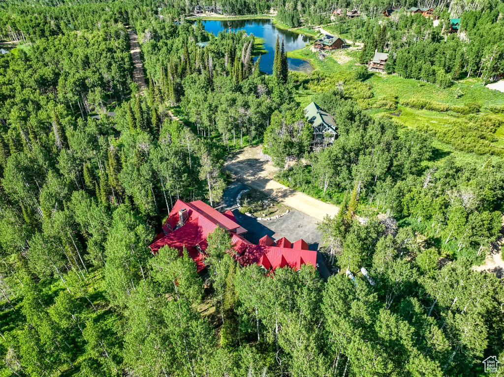 Birds eye view of property featuring a water view