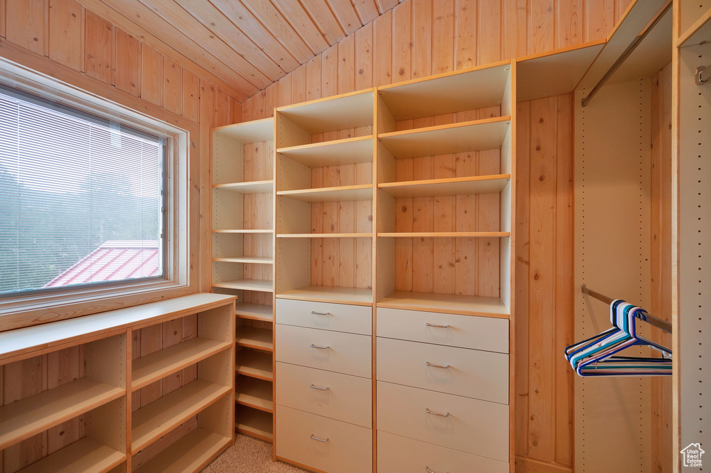 Walk in closet featuring vaulted ceiling and light carpet