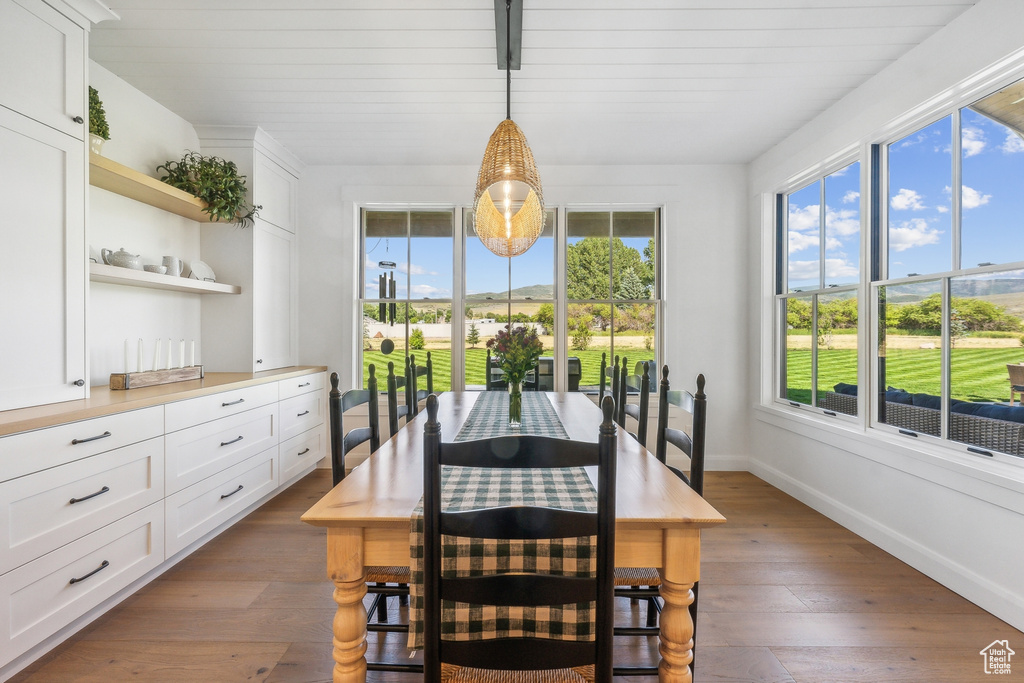 Dining room featuring dark hardwood / wood-style flooring and a wealth of natural light