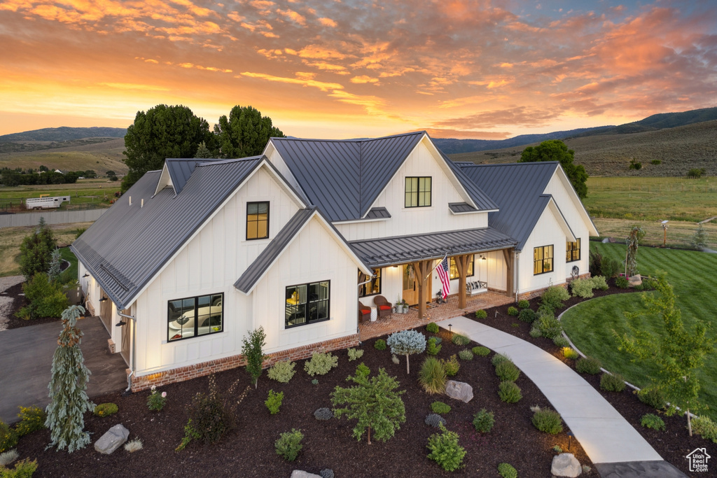 View of modern farmhouse style home