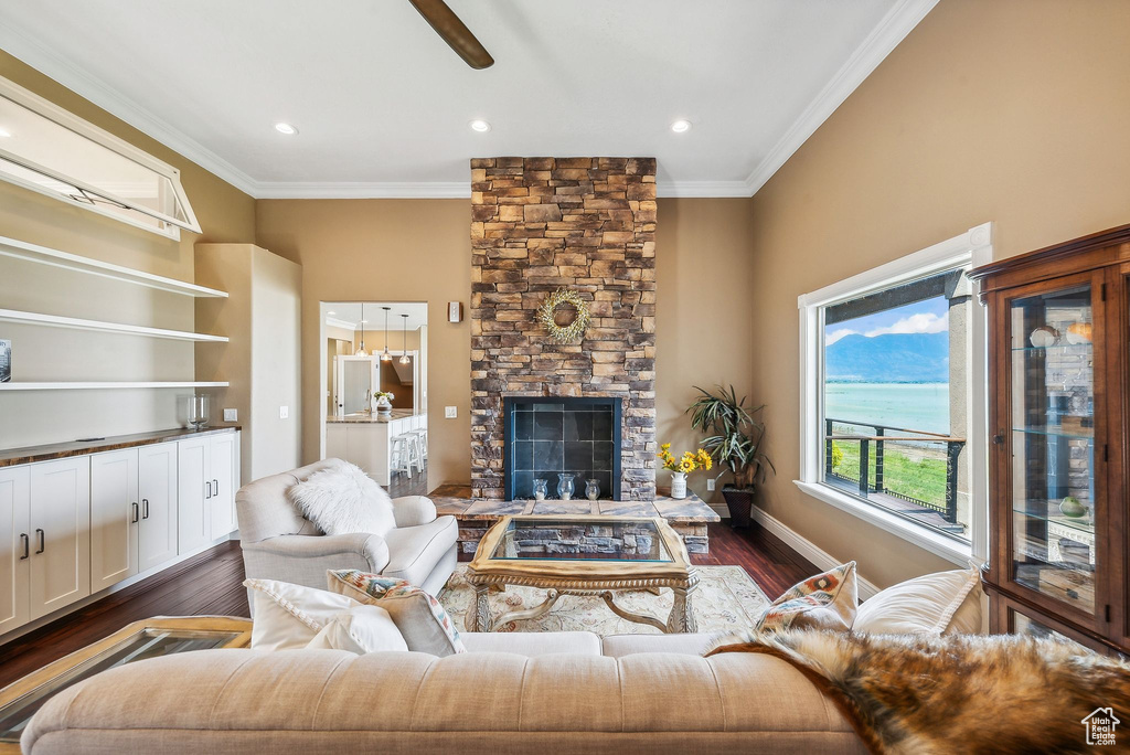 Living room featuring ornamental molding, a fireplace, ceiling fan, and dark hardwood / wood-style floors