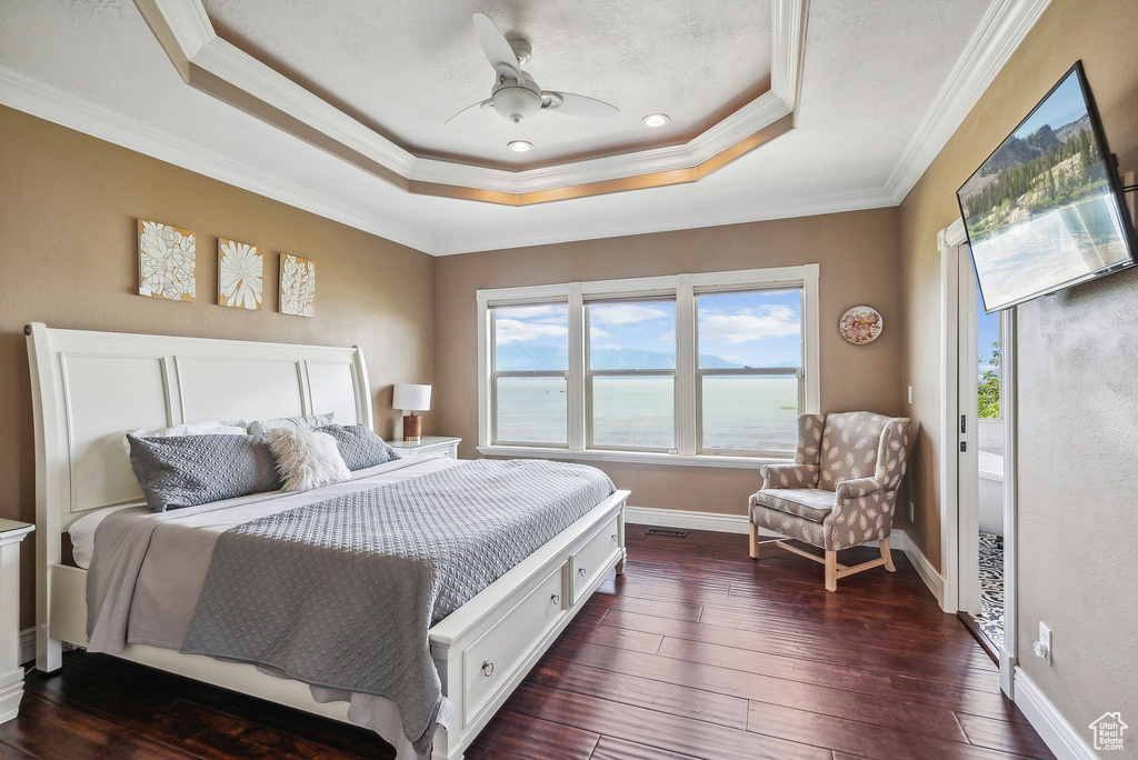 Bedroom with ornamental molding, ceiling fan, a raised ceiling, and dark wood-type flooring