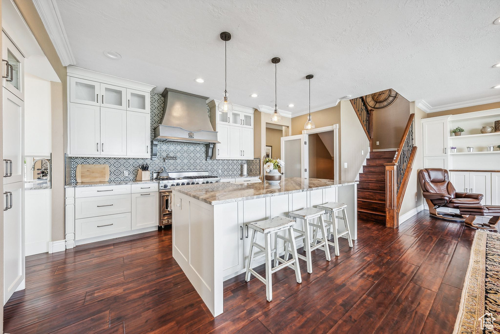 Kitchen with white cabinetry, premium range hood, tasteful backsplash, double oven range, and dark wood-type flooring