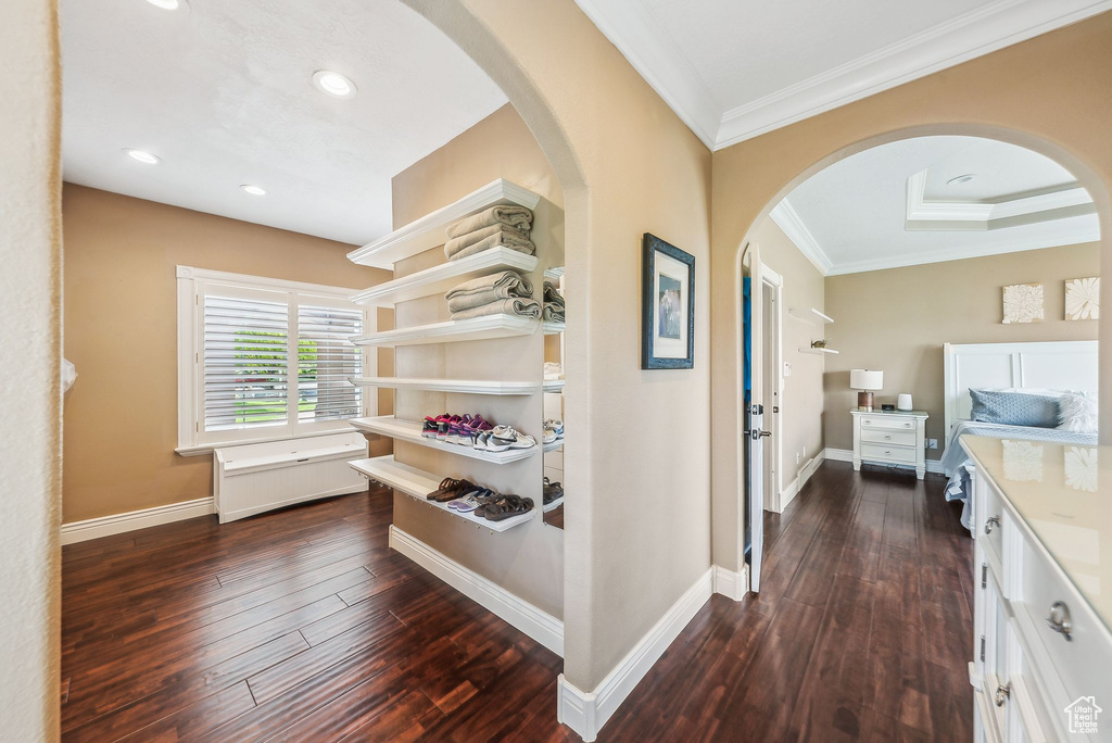 Hallway featuring dark wood-type flooring and ornamental molding