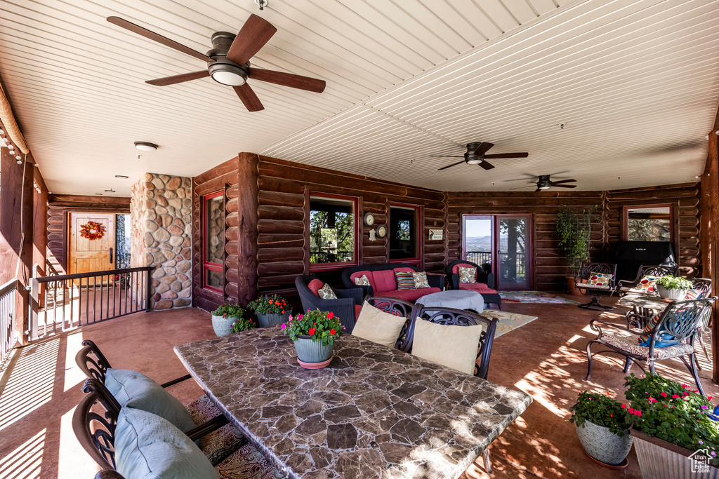 Dining space with ceiling fan