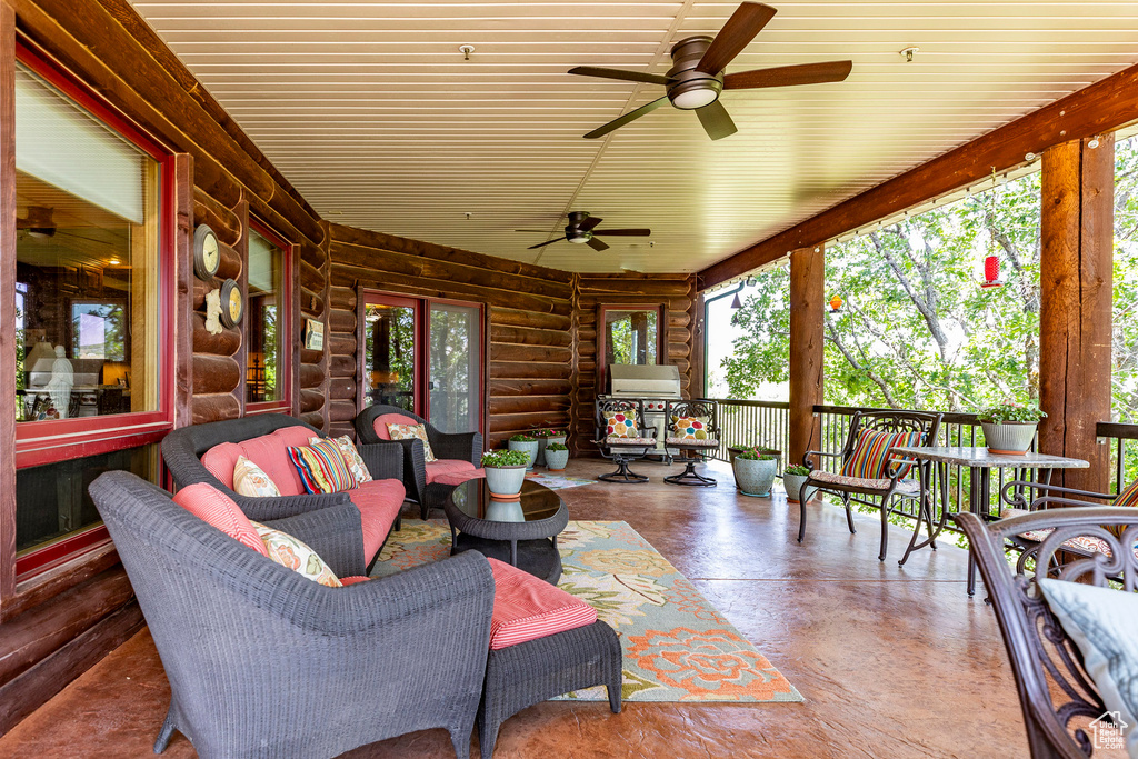 Exterior space with ceiling fan