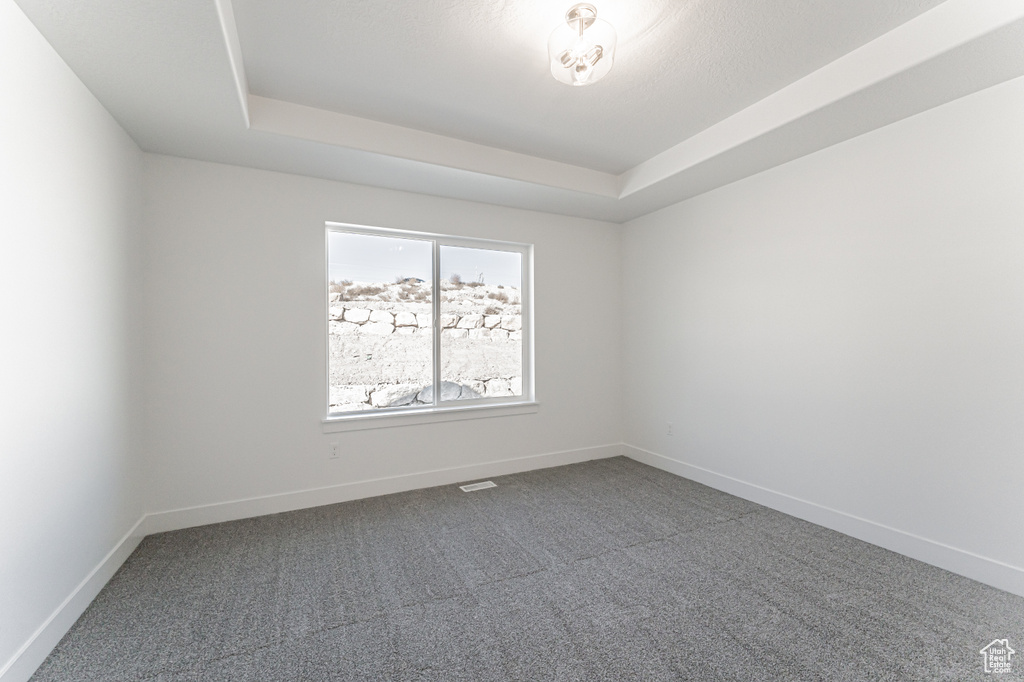 Empty room featuring carpet floors and a raised ceiling