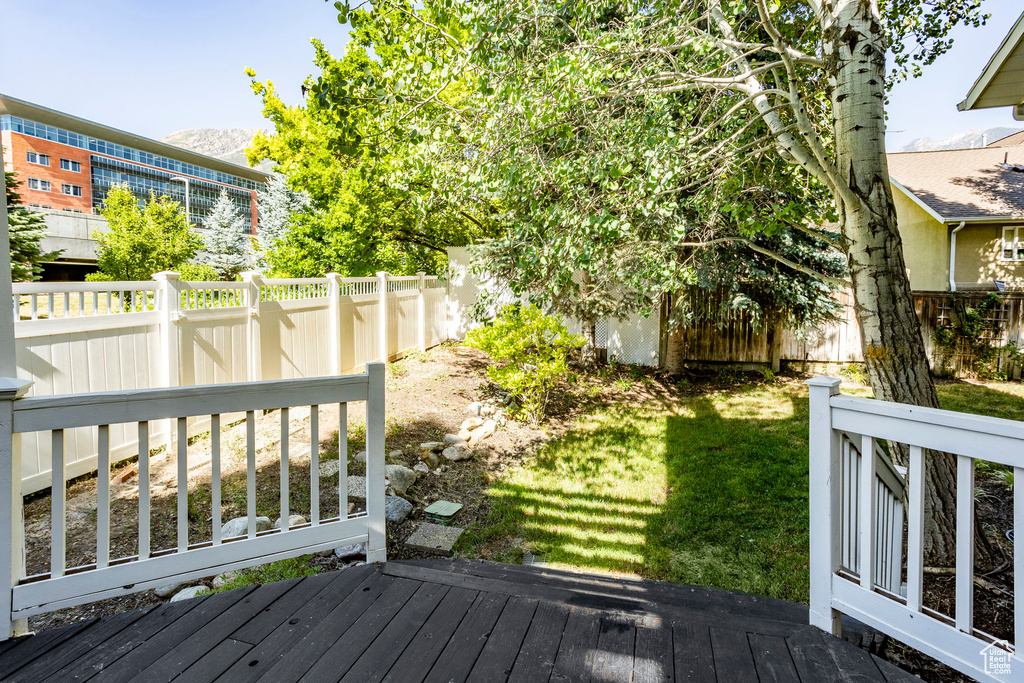 Wooden terrace featuring a lawn