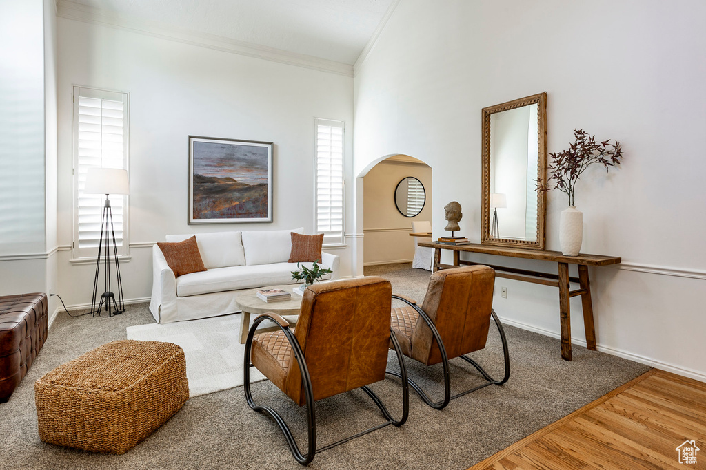 Living room featuring wood-type flooring and crown molding