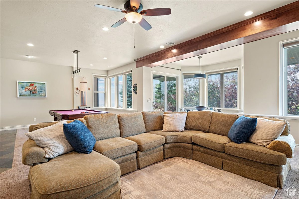 Living room featuring a wealth of natural light, ceiling fan, and pool table