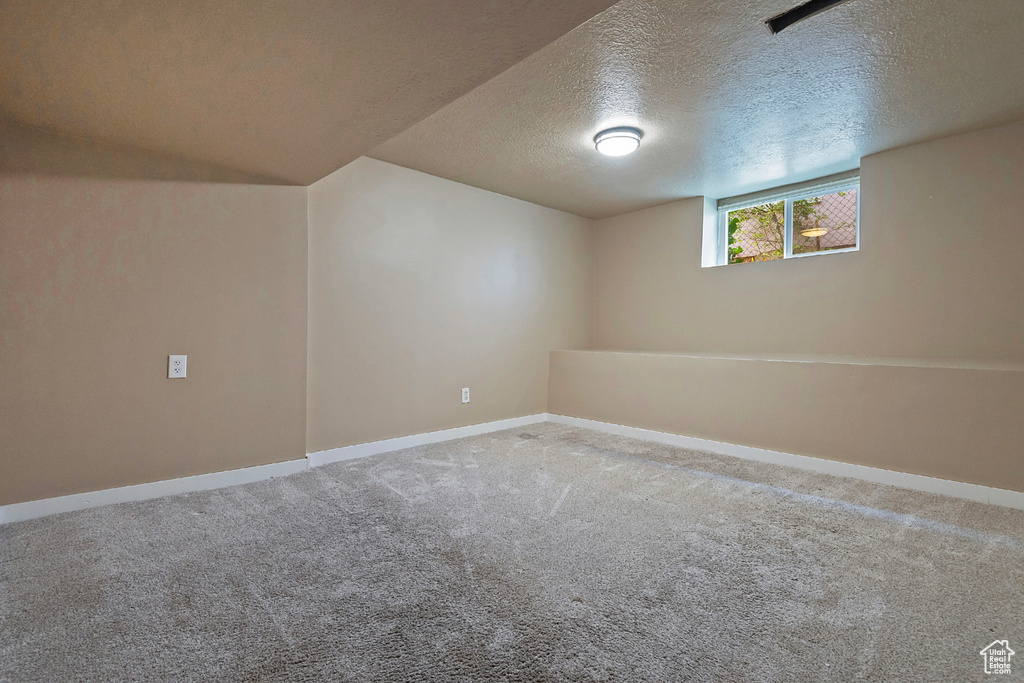 Basement with a textured ceiling and carpet flooring