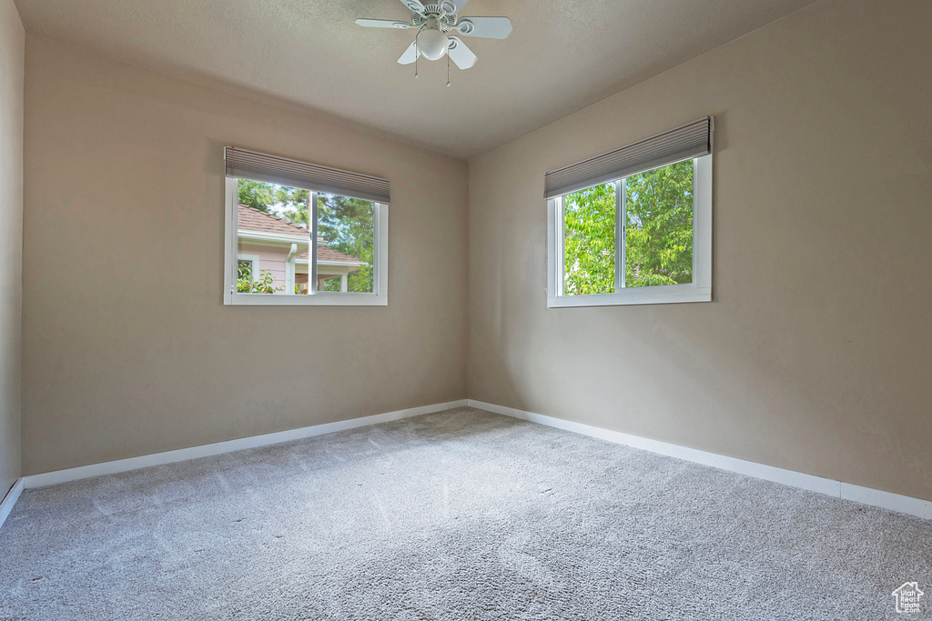 Carpeted spare room with a wealth of natural light and ceiling fan