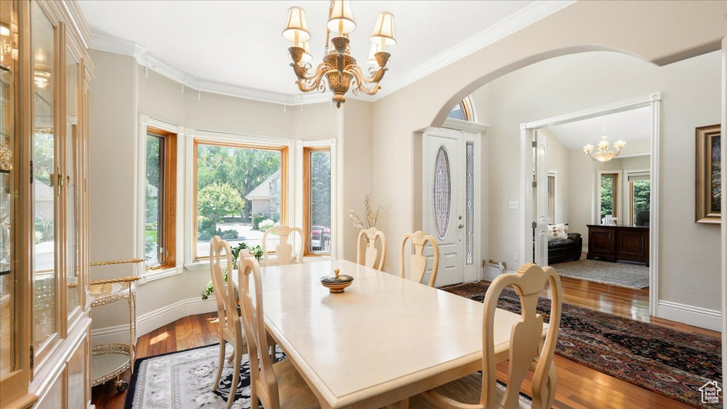 Dining area featuring a healthy amount of sunlight, wood-type flooring, and a chandelier