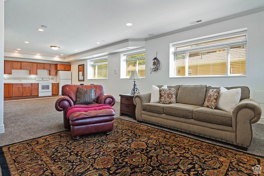 Living room featuring dark carpet and crown molding