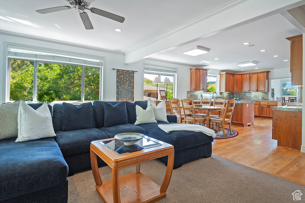 Living room with a wealth of natural light, beamed ceiling, ceiling fan, and light wood-type flooring