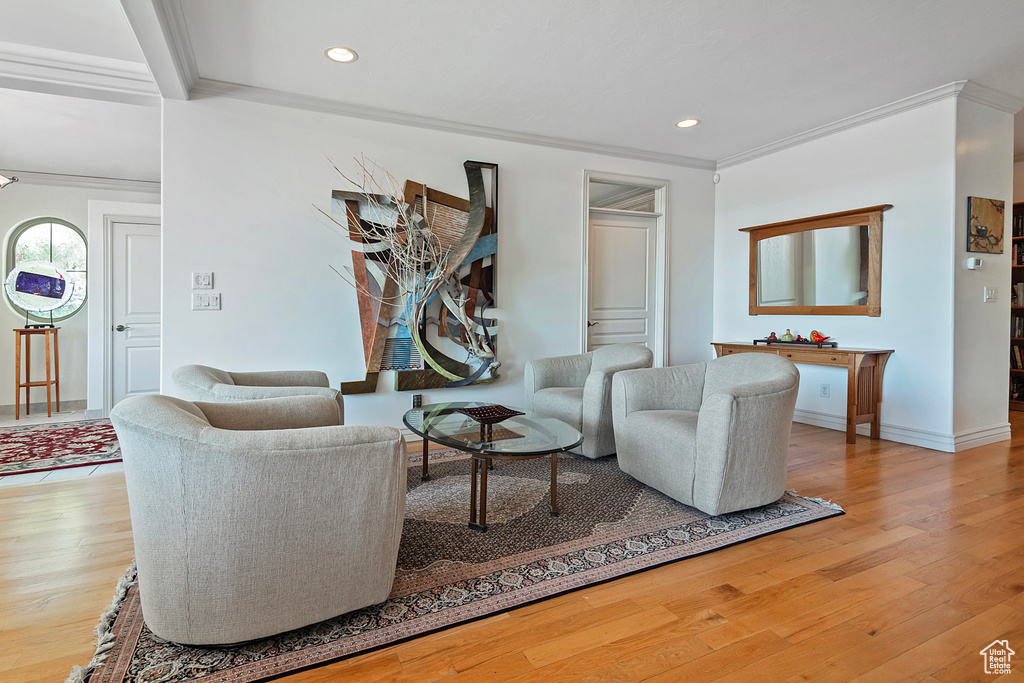 Living room featuring crown molding and light wood-type flooring