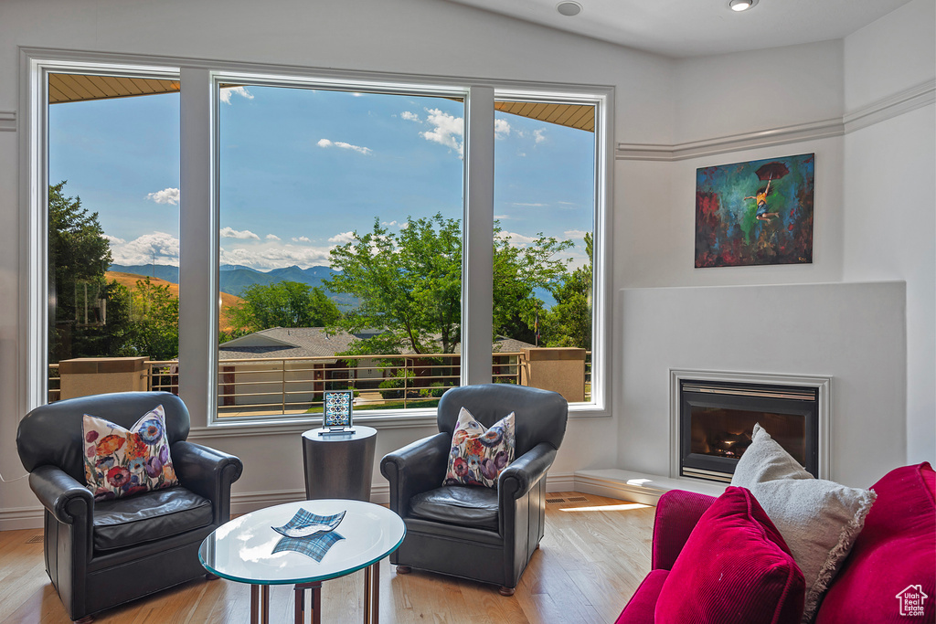 Living room with light hardwood / wood-style floors