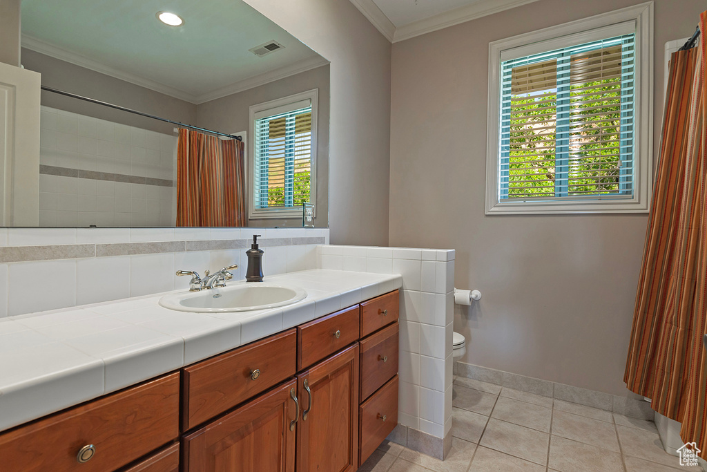 Bathroom with tile floors, plenty of natural light, vanity, and toilet