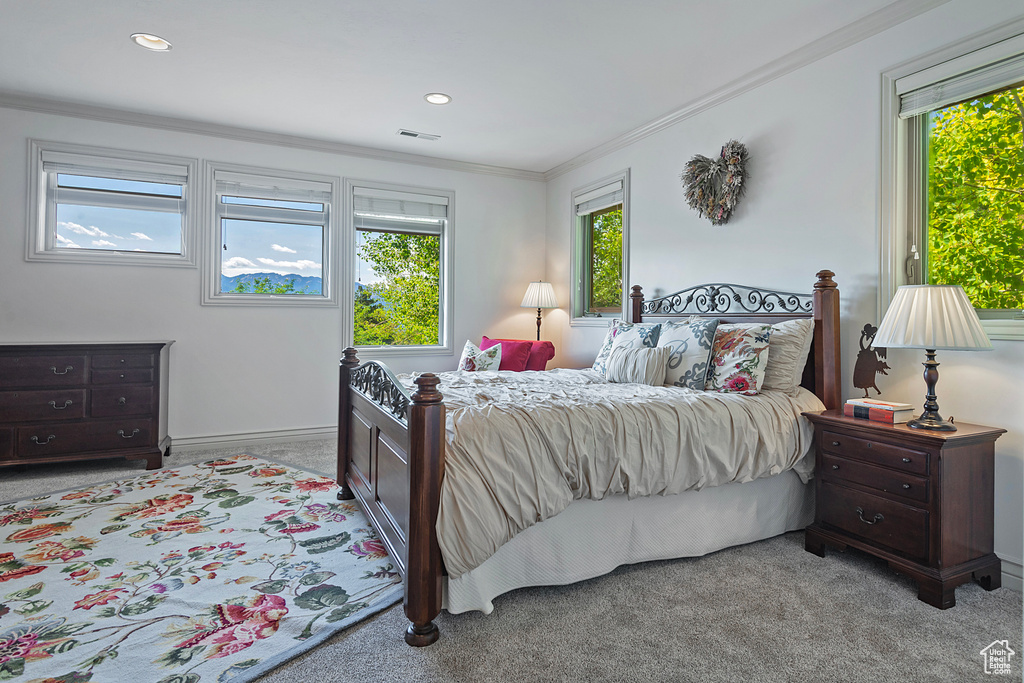 Carpeted bedroom featuring crown molding