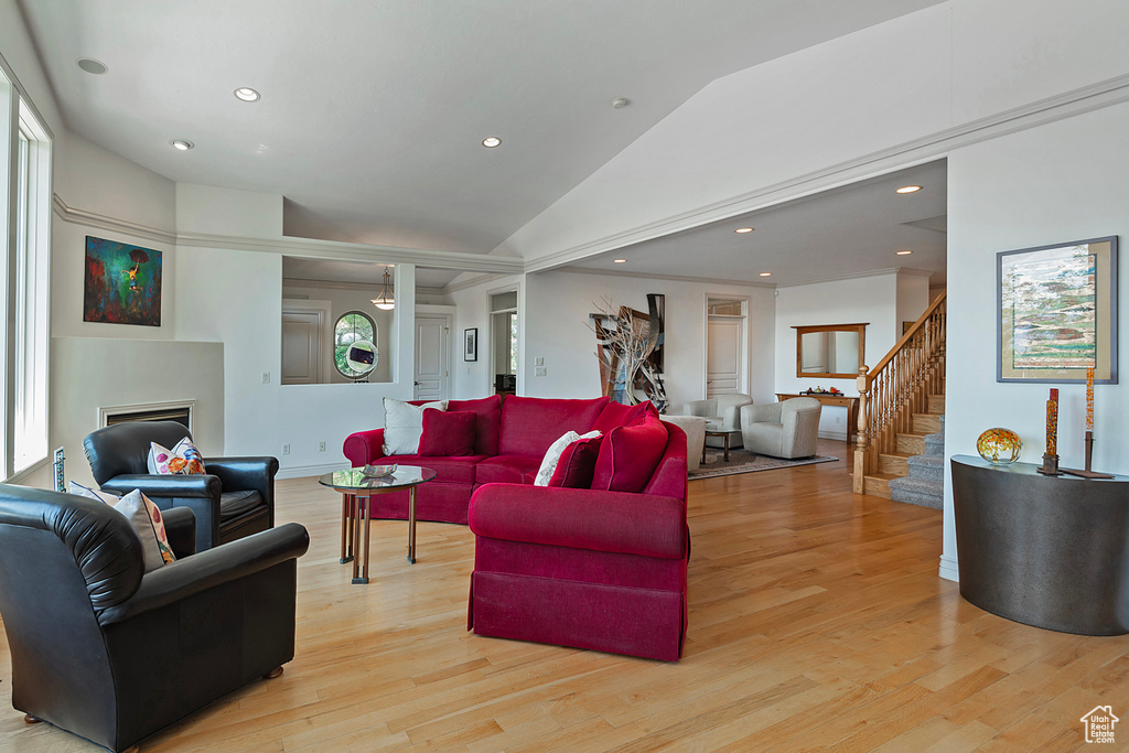 Living room featuring a healthy amount of sunlight, lofted ceiling, and hardwood / wood-style floors