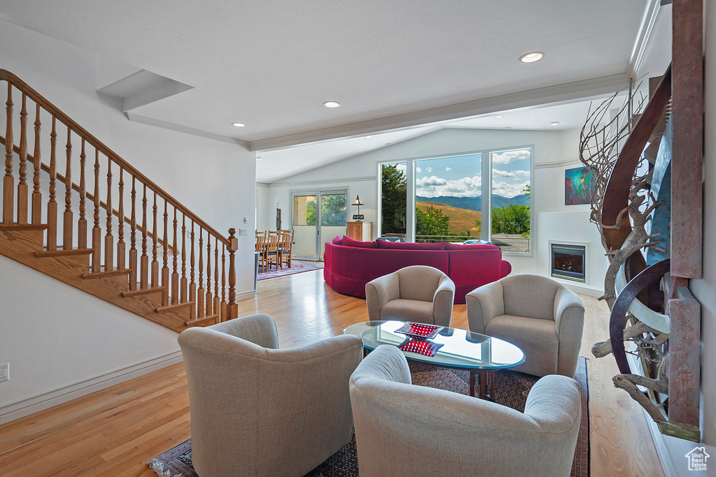 Living room with a fireplace, lofted ceiling, and wood-type flooring