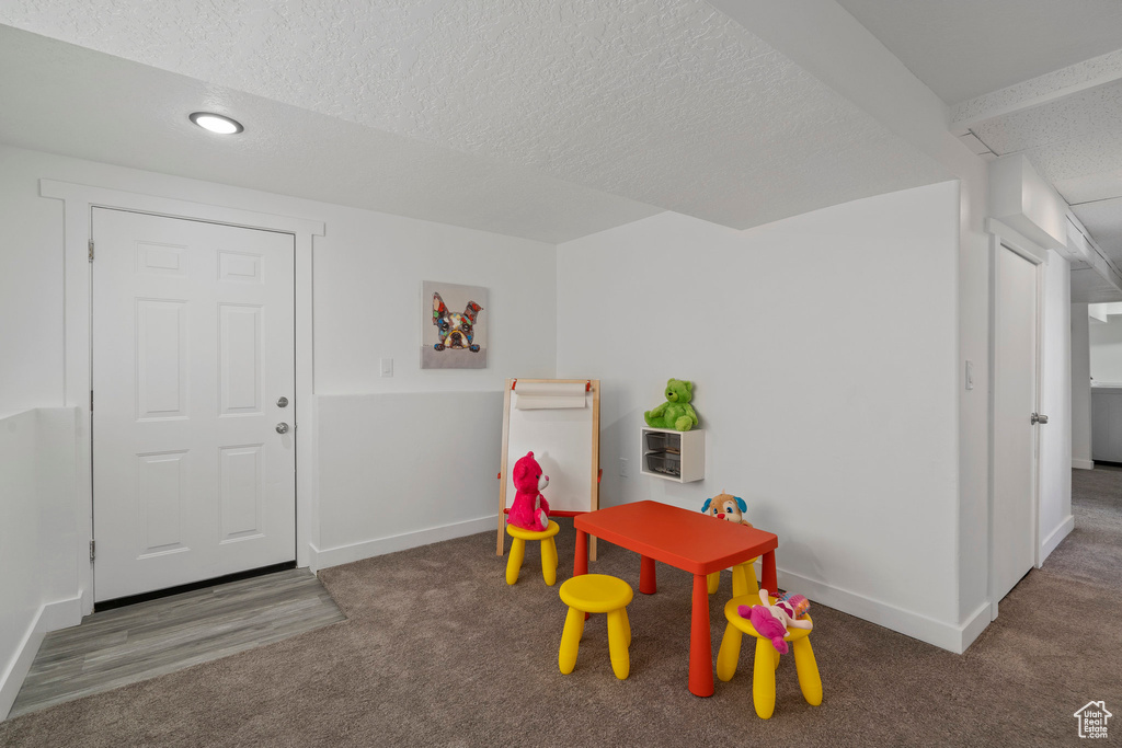 Rec room with dark colored carpet and a textured ceiling