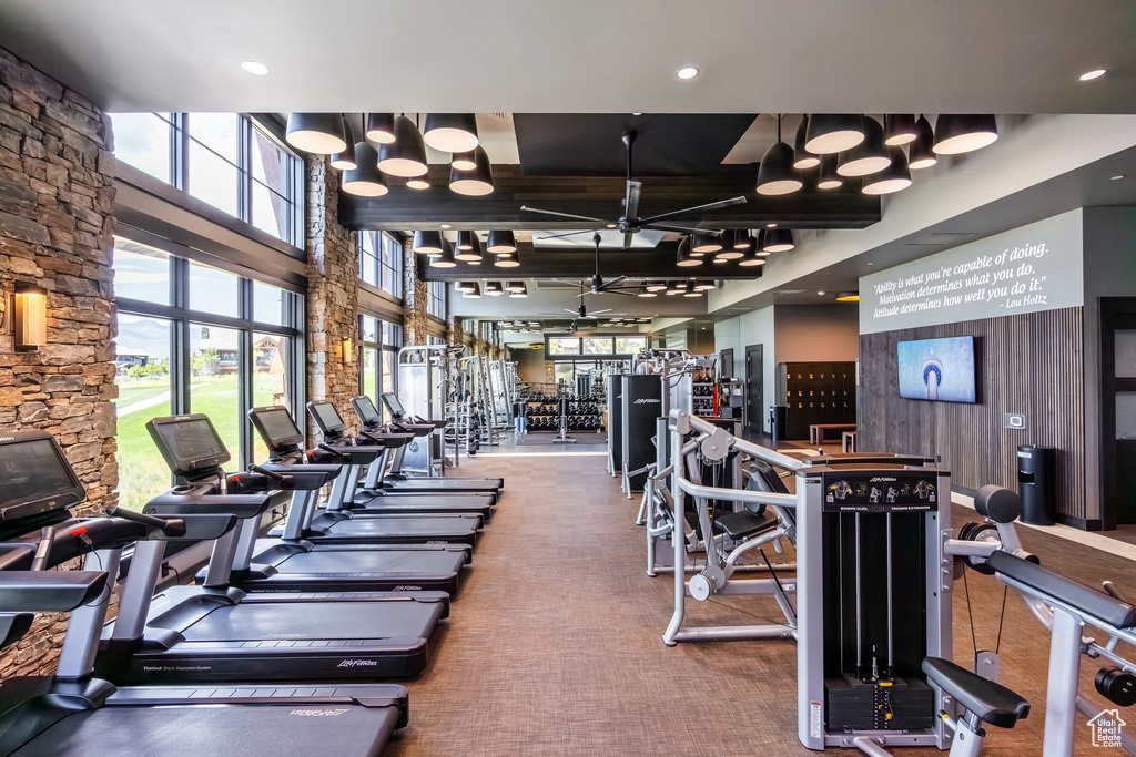 Exercise room with ceiling fan