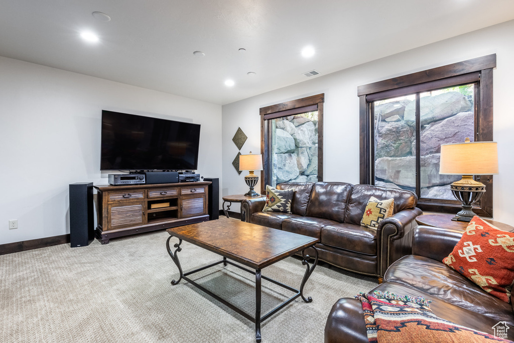 Living room with light colored carpet