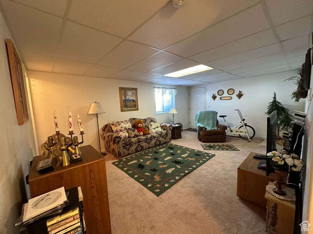 Living room with carpet and a paneled ceiling