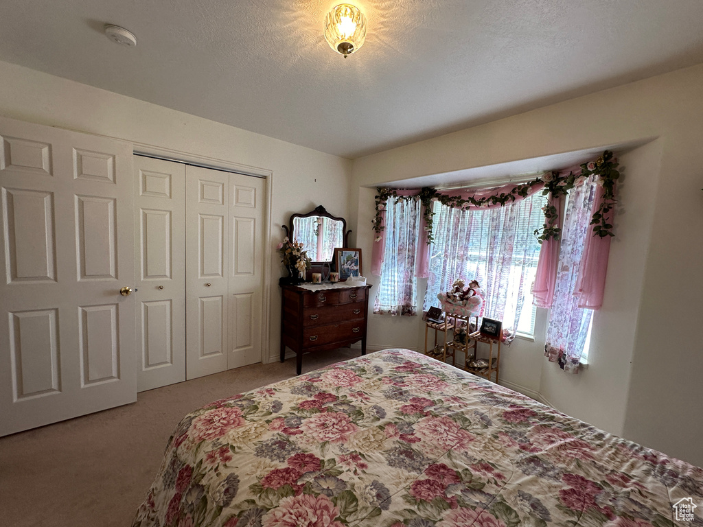 Bedroom featuring carpet, a closet, and a textured ceiling