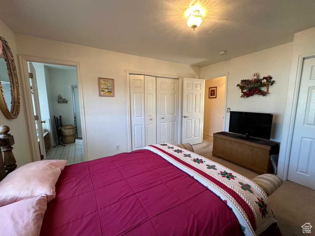 Bedroom featuring ensuite bathroom and carpet