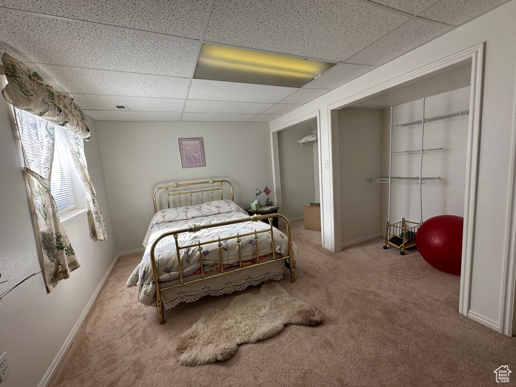 Carpeted bedroom featuring a drop ceiling