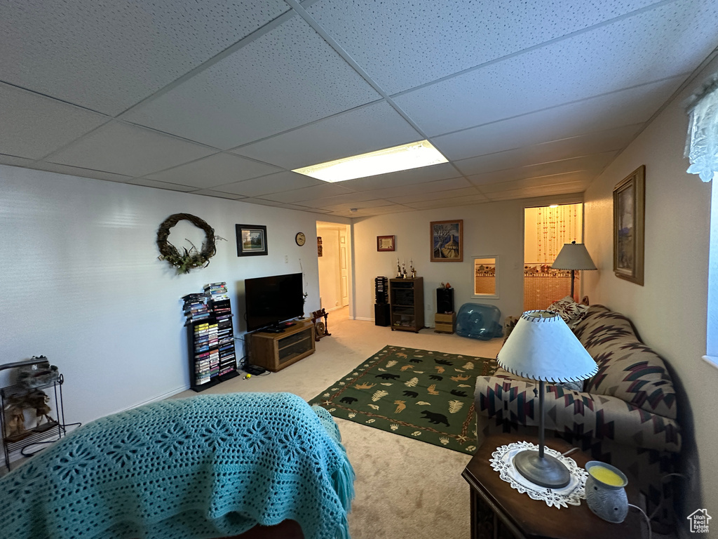 Living room featuring carpet floors and a drop ceiling