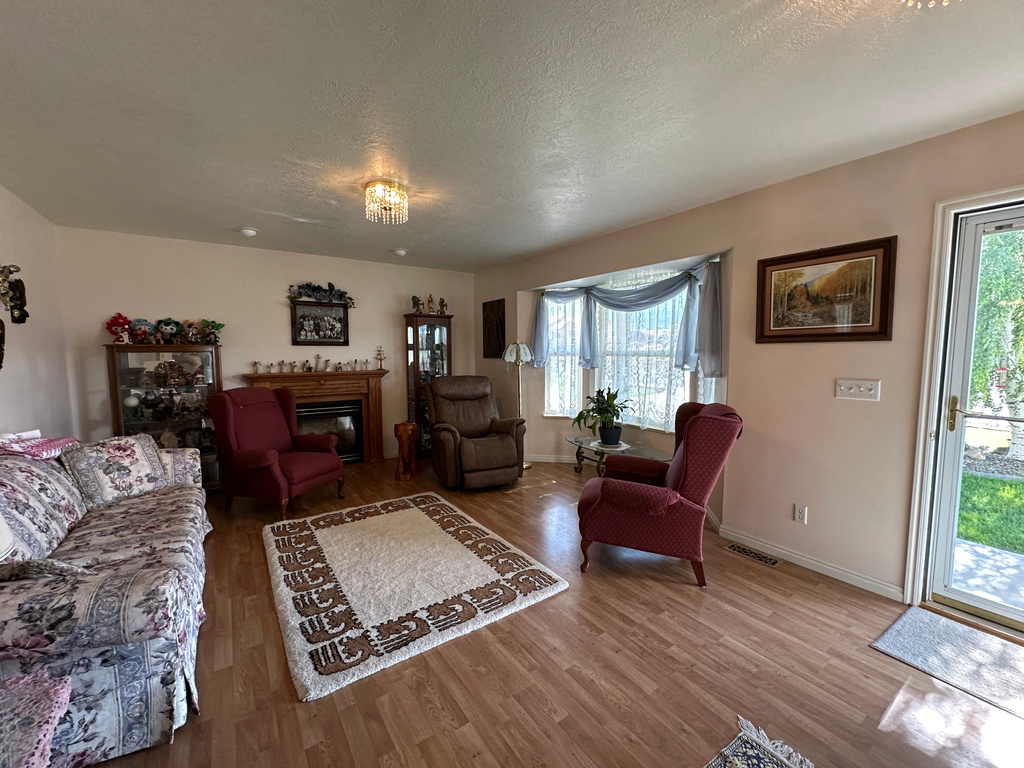 Living room featuring hardwood / wood-style floors and a textured ceiling