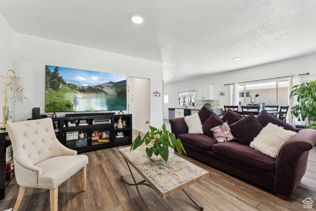 Living room featuring a textured ceiling and hardwood / wood-style flooring