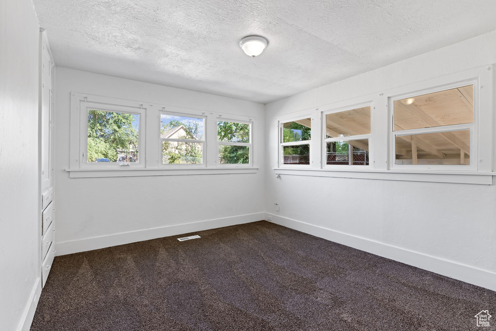 Spare room with dark colored carpet, a textured ceiling, and a healthy amount of sunlight