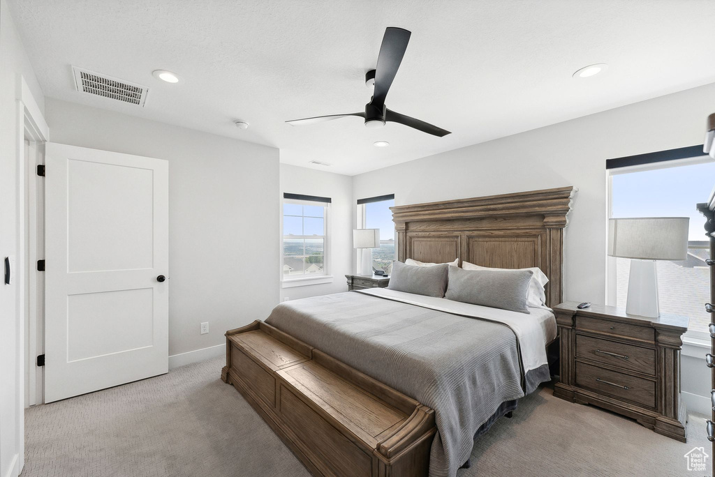 Carpeted bedroom with ceiling fan