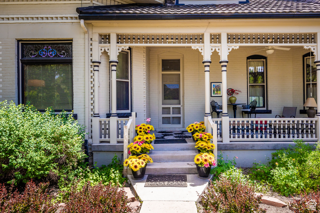 Doorway to property featuring a porch