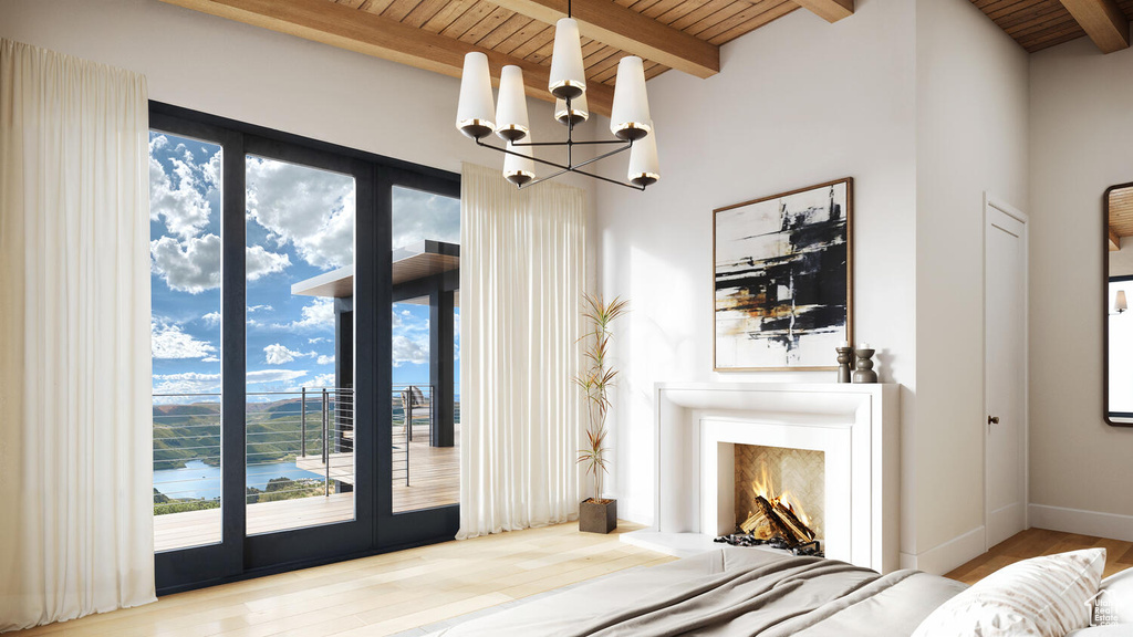 Bedroom featuring wood ceiling, access to exterior, beamed ceiling, and light hardwood / wood-style floors