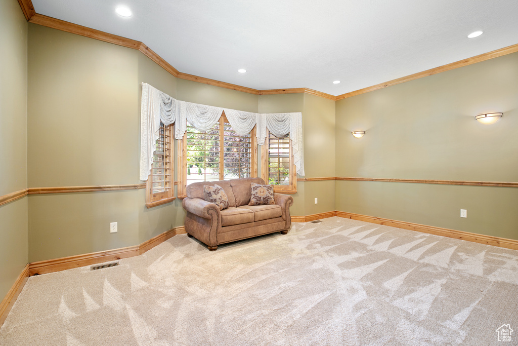 Sitting room featuring ornamental molding and carpet floors