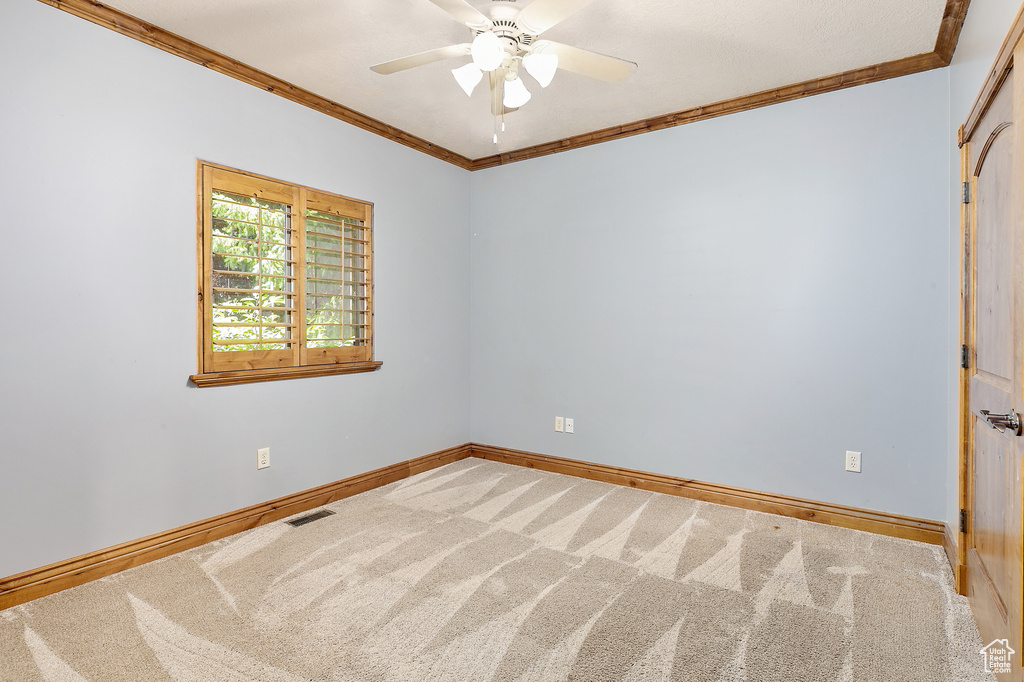 Unfurnished room featuring carpet, ceiling fan, and crown molding