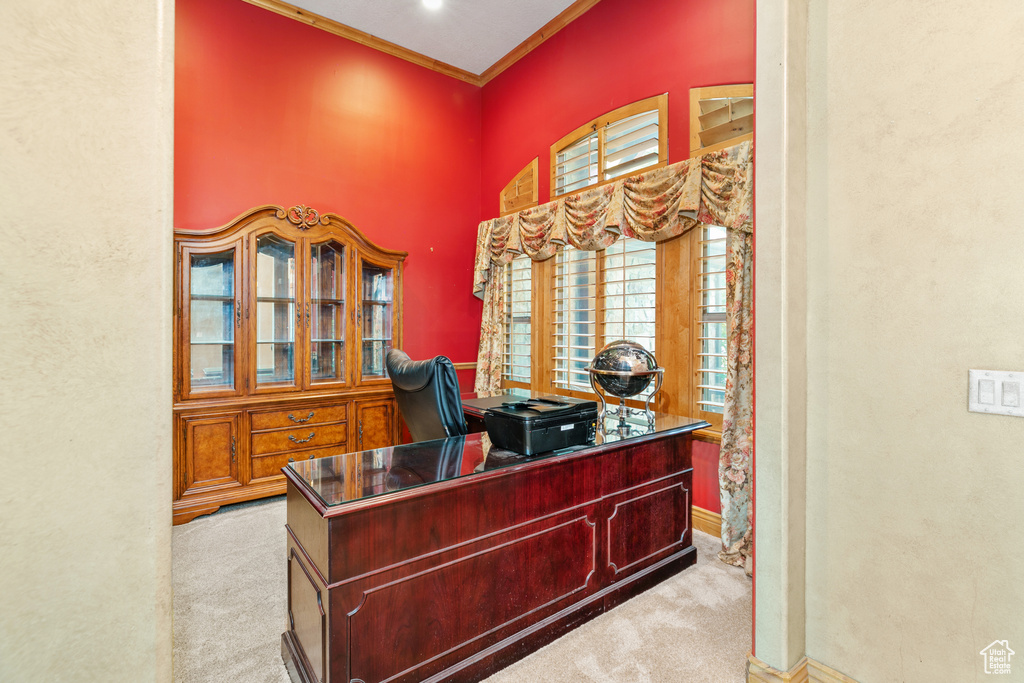 Home office featuring a wealth of natural light and light colored carpet