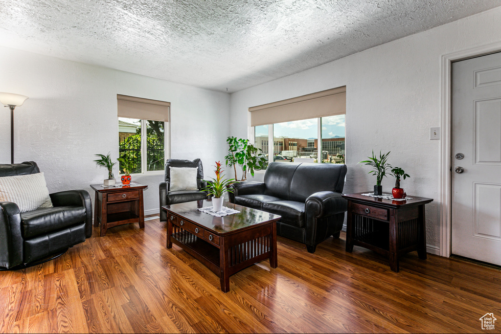 Living room featuring hardwood / wood-style flooring and a textured ceiling