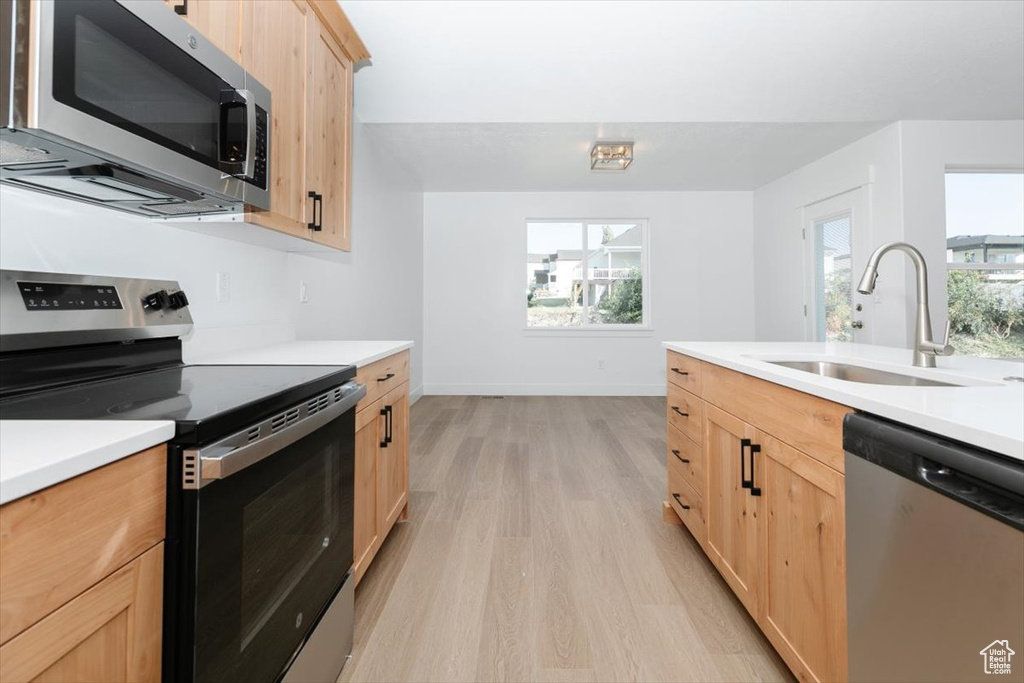 Kitchen with light hardwood / wood-style flooring, stainless steel appliances, light brown cabinetry, and sink