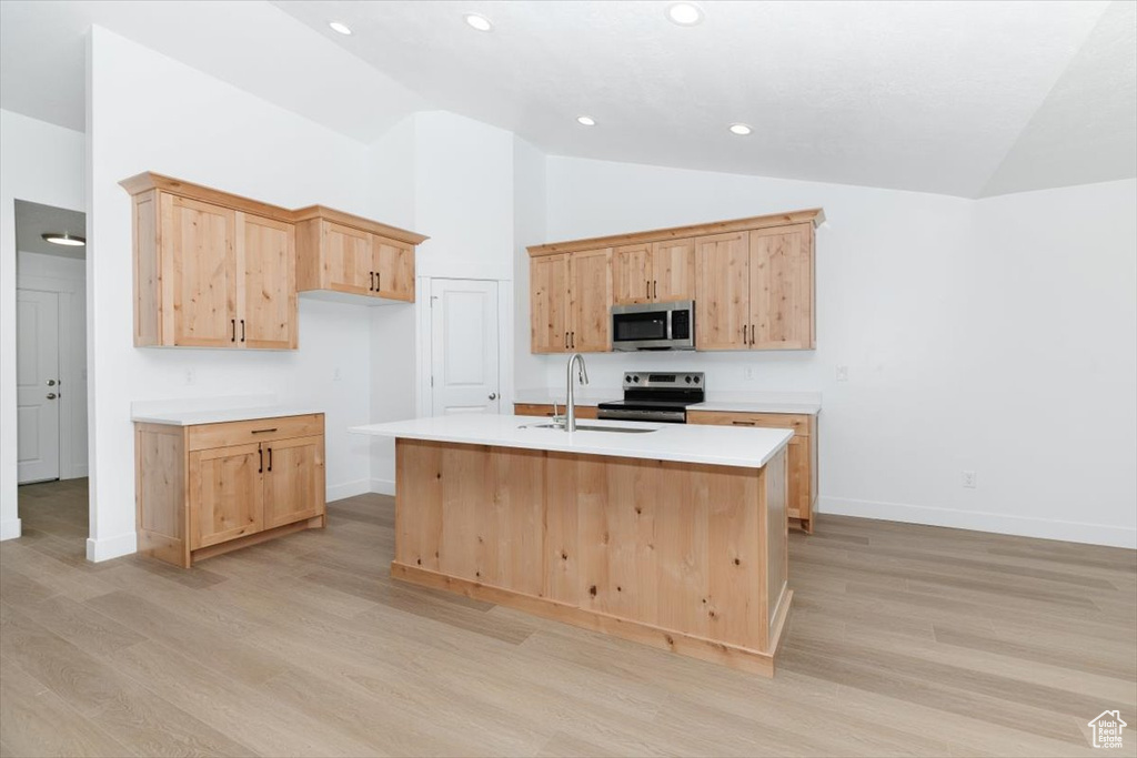 Kitchen featuring light hardwood / wood-style flooring, stainless steel appliances, a center island with sink, and sink